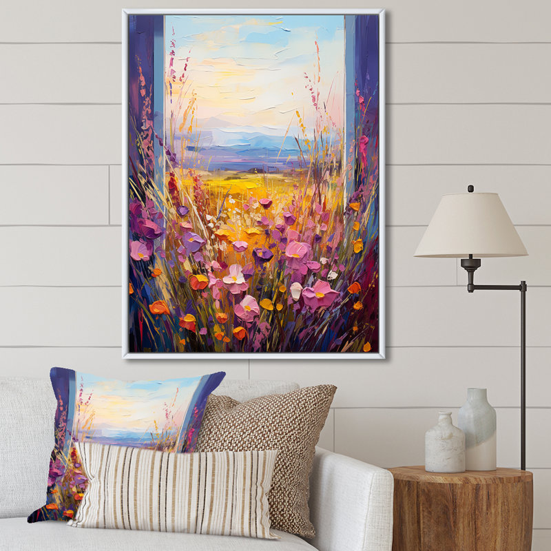 Rose et jaune, fenêtres florales, vue brise III - prairie, art mural, Cadre flottant blanc, H 44 po x l 34 po x P 1,5 po