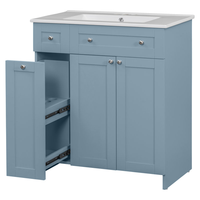 Blue 30-Inch Freestanding Bathroom Vanity with Ceramic Sink and Storage