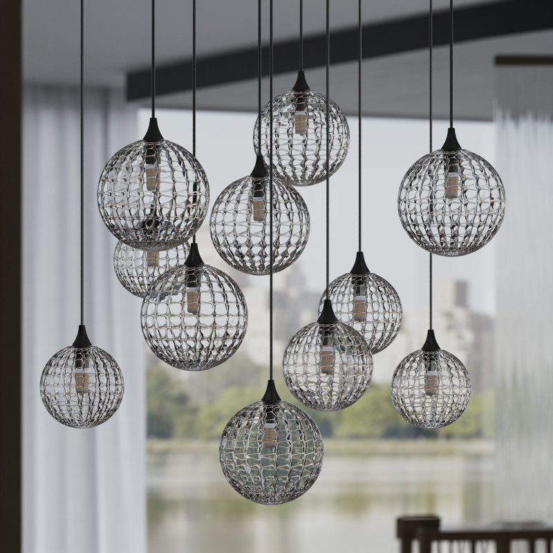 Breeze 11 Grey Glass Pendants Chandelier, Black, 120"