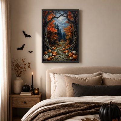 Chemin d'automne au clair de lune avec citrouilles lumineuses et toile murale illuminée pour l'Halloween