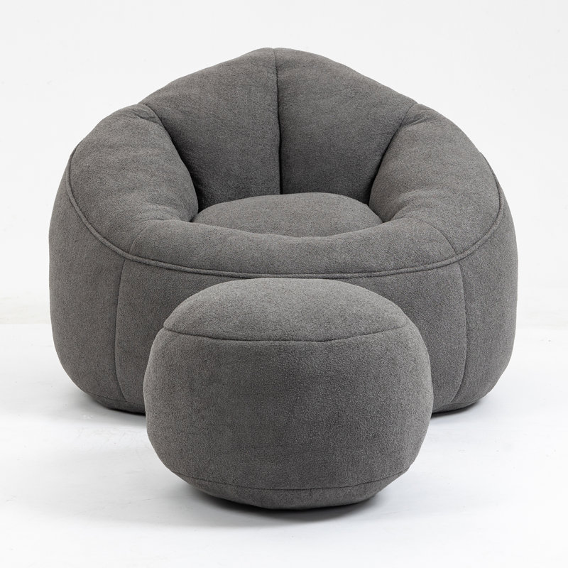 Kamden Upholstered Tufted Foam Bean Bag Chair with Ottoman, Gray Microfiber/Microsuede