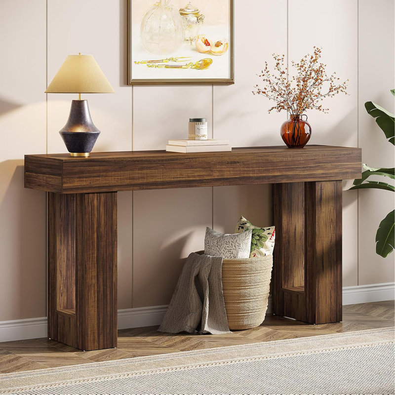 Console de style campagnard de 63 po de long, canapé rectangulaire brun rustique derrière le canapé, table de couloir d'entrée en grain de bois massif pour le salon, la salle à manger