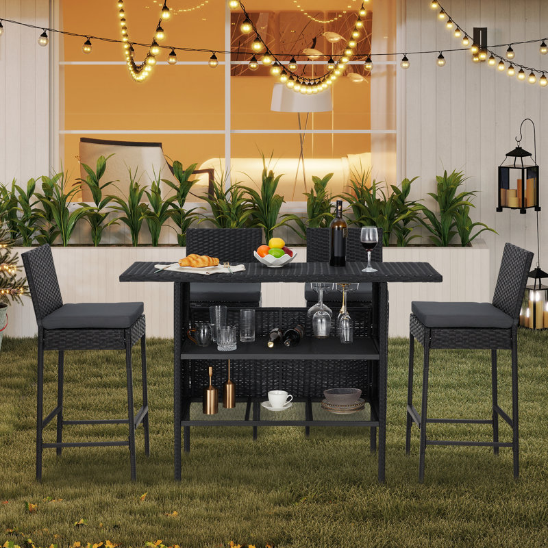 Wicker Bar Set with 4 Stools & Outdoor Bar Table, Black