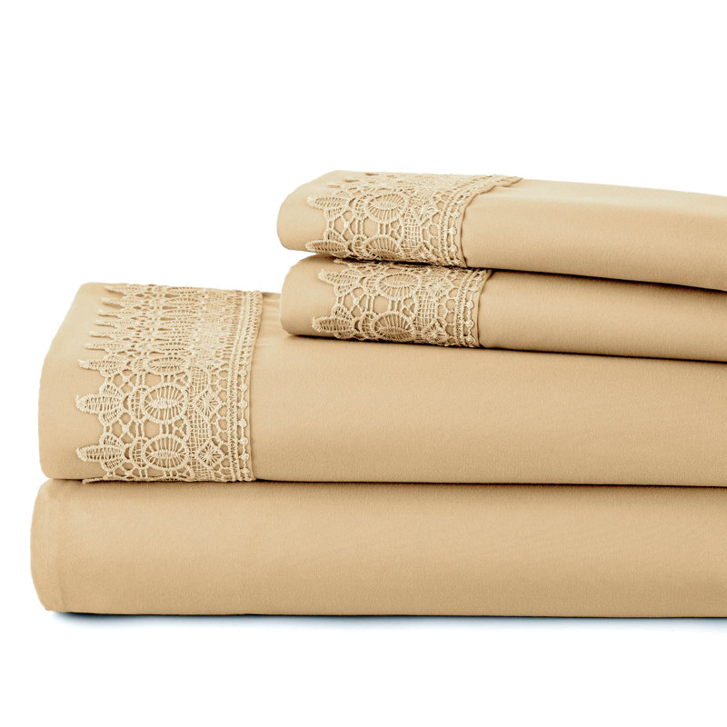 Jaquil Extra Deep Pocket Microfiber Sheet Set with Lace Hem, King, Gold