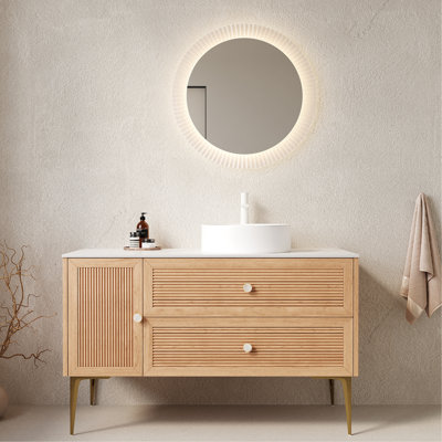 Meuble-lavabo de 48 po avec lavabo, armoire de rangement autoportante en contreplaqué avec 4 pieds en métal, une porte et 2 tiroirs, lavabo en céramique blanc sans robinet, pré-assemblé, couleur grain de bois de chêne
