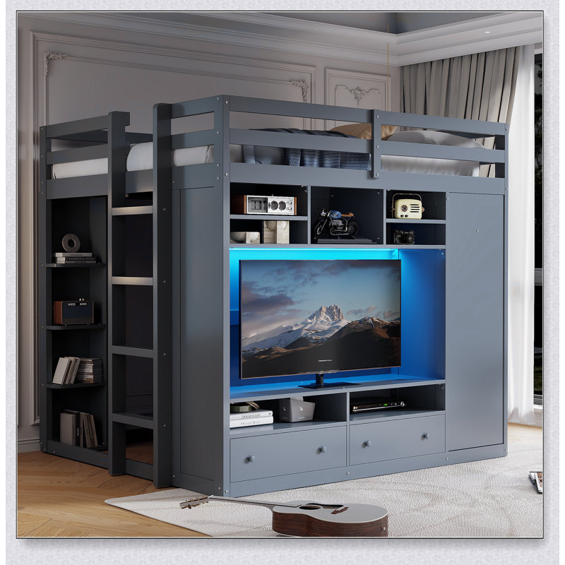 Loft Bed With Drawers, Shelves And Light, Grey