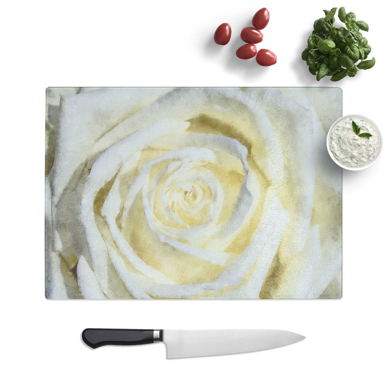 Tempered Glass Crisp White Rose Chopping Board, 28.5 cm x 39 cm