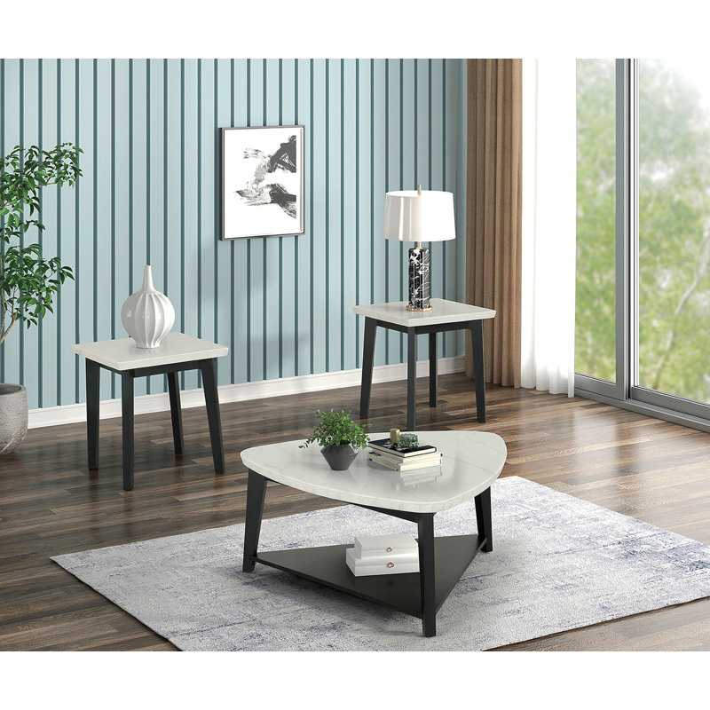Table de bout carrée de style contemporain avec plateau en marbre et salon principal au fini blanc et noir