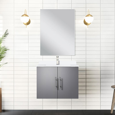 Meuble-lavabo simple gris foncé 24 po P x P 22 po, comptoir en quartz blanc, robinet et miroir - résistance aux égratignures et aux taches pour une durabilité avec 18 surfaces