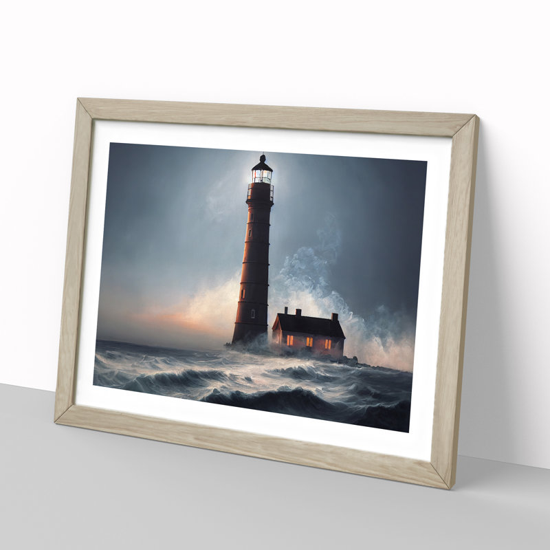 Bright Lighthouse - Single Picture Frame Print, 46cm H x 64cm W x 2cm D, Oak Framed