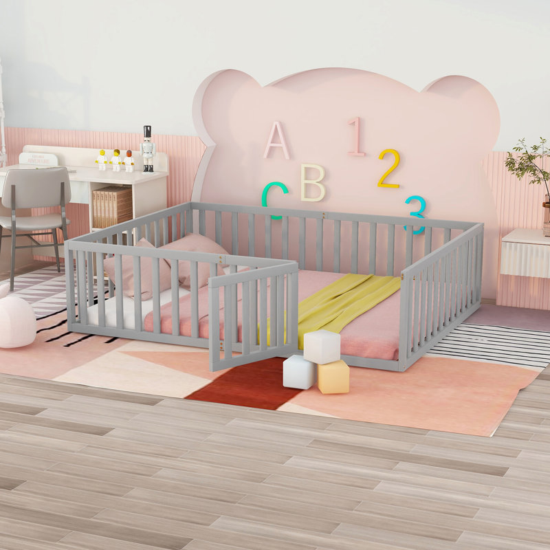 Wood Floor Bed Frame With Fence And Door, Grey, Queen