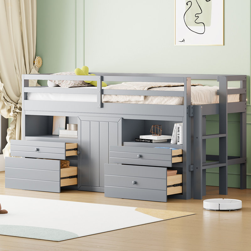 Lit mezzanine simple avec 4 tiroirs, sous l'armoire et les tablettes, Gris