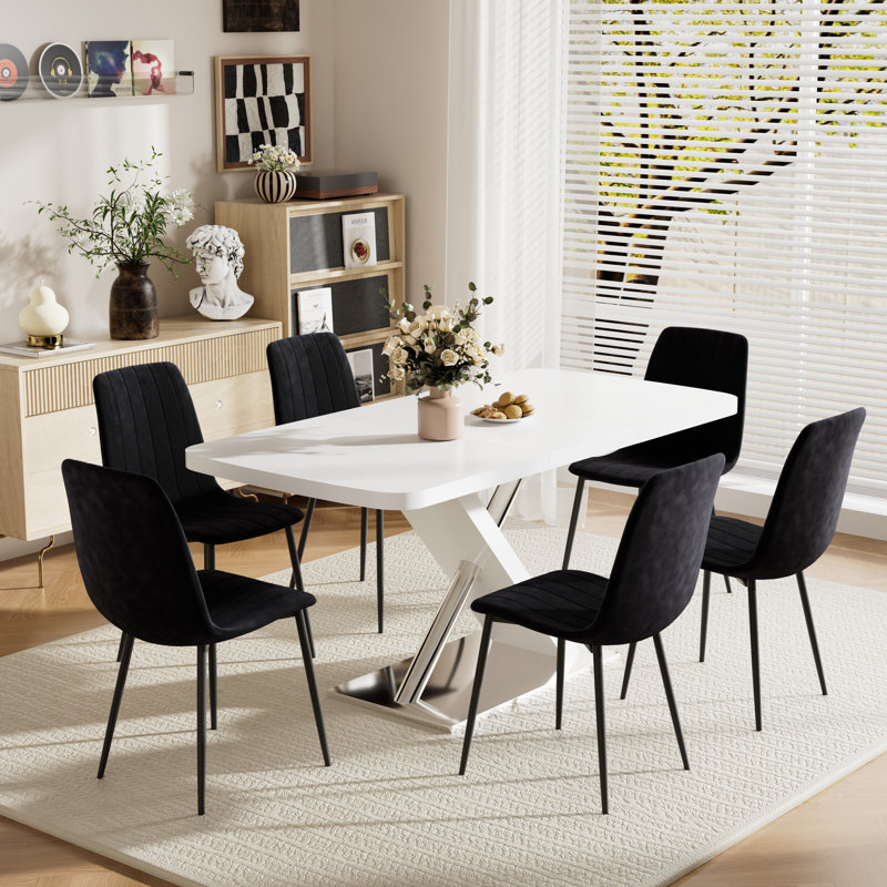 Ensemble de table de salle à manger rectangulaire extensible, Noir, noir, noir, noir, 7, Blanc