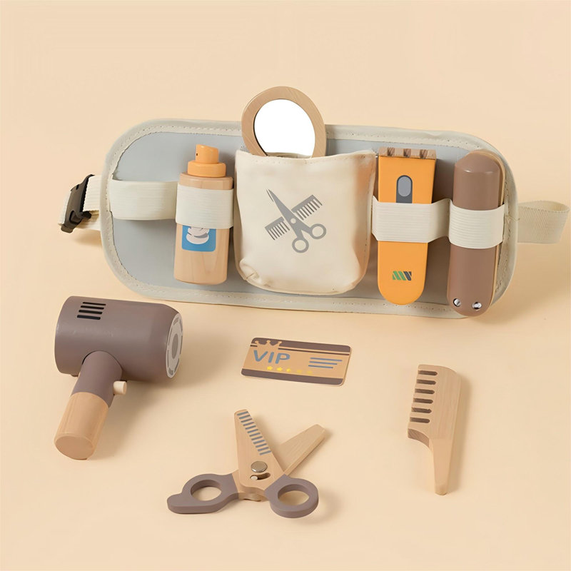 Freniland - Kids Pretend Hair Salon with Wood-Style Tools, 9 Piece Roleplay with Mirror, Scissors & Storage Waistpack