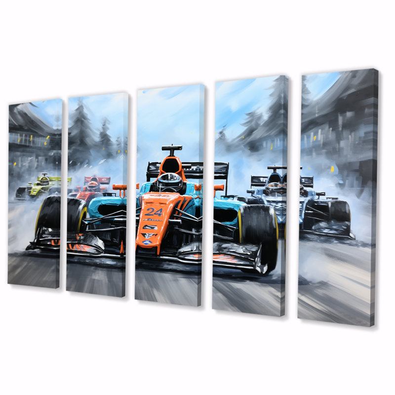 Orange et bleu, voiture de course, art mural 5 pièces, H 28 po x l 60 po