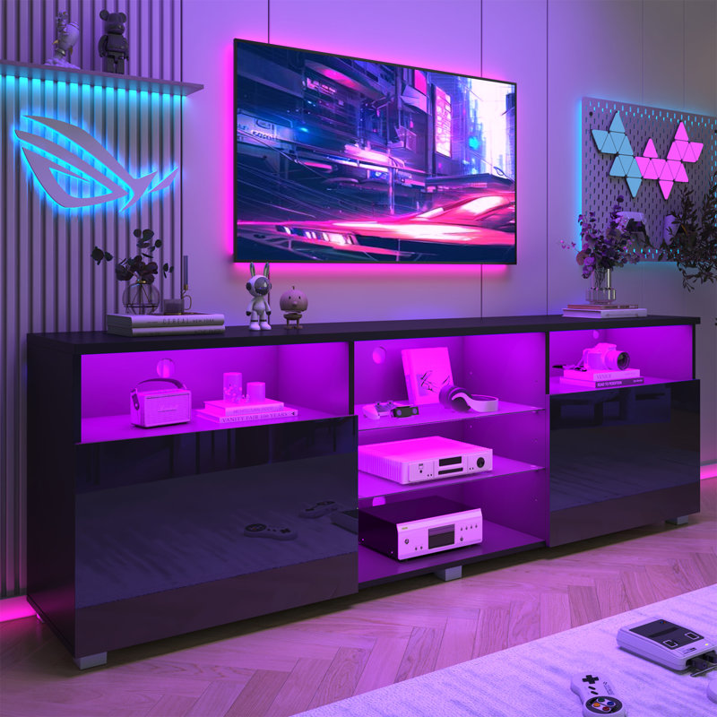 71In High Glossy Led Tv Stand For 75Inch Tv,  With Adjustable Storage Shelf,Rgb Led Lighting, Black
