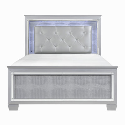 Upholstered Button-Tufted Queen Size Bed Led Headboard Faux Alligator Embossed Textural Panels Wooden Bed