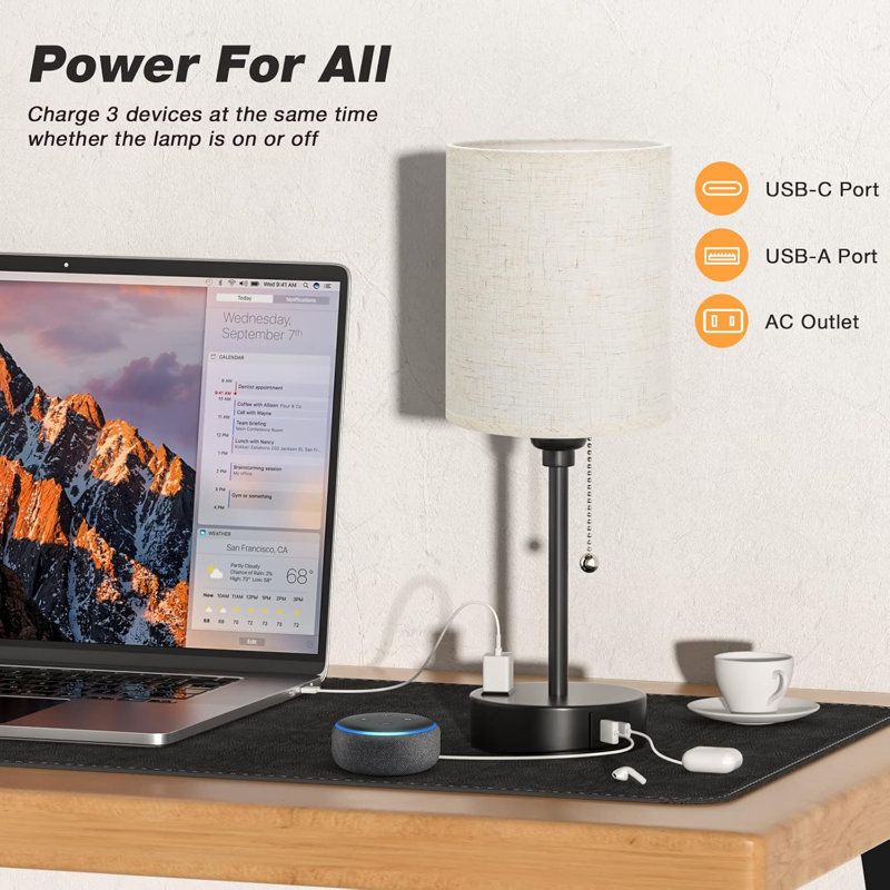 Lampe de chevet moderne avec 3 modes de couleur, ports USB-C et USB, prise de courant, contrôle par chaîne, base en métal pour chambre à coucher, bureau ou chambre d'enfant