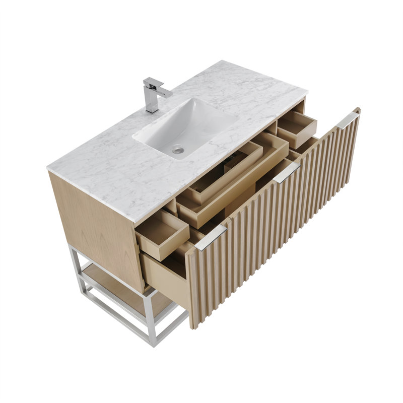 Terra 48'' Single Bathroom Vanity with Top, Carrara Marble/Single Faucet Mount, Cashmere Gray, Brushed Nickel