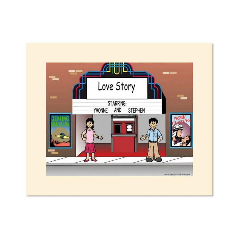 Personalized Lovers in the Theatre Cartoon Caricature with a Mat, Ready to Frame, Yes