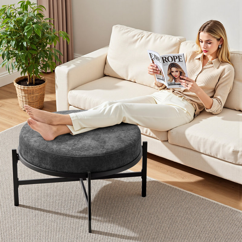 30.7" W Chenille Upholstered Round Ottoman With Adjustable Metal Legs, Grey