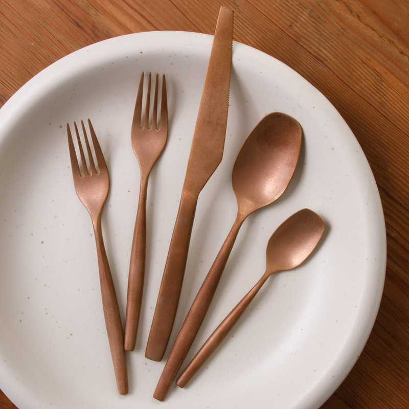 Bloomhouse 20 Piece Stone Washed Flatware 18/10 Stainless Steel Silverware Cutlery Utensil Set With Acacia Wood Caddy 