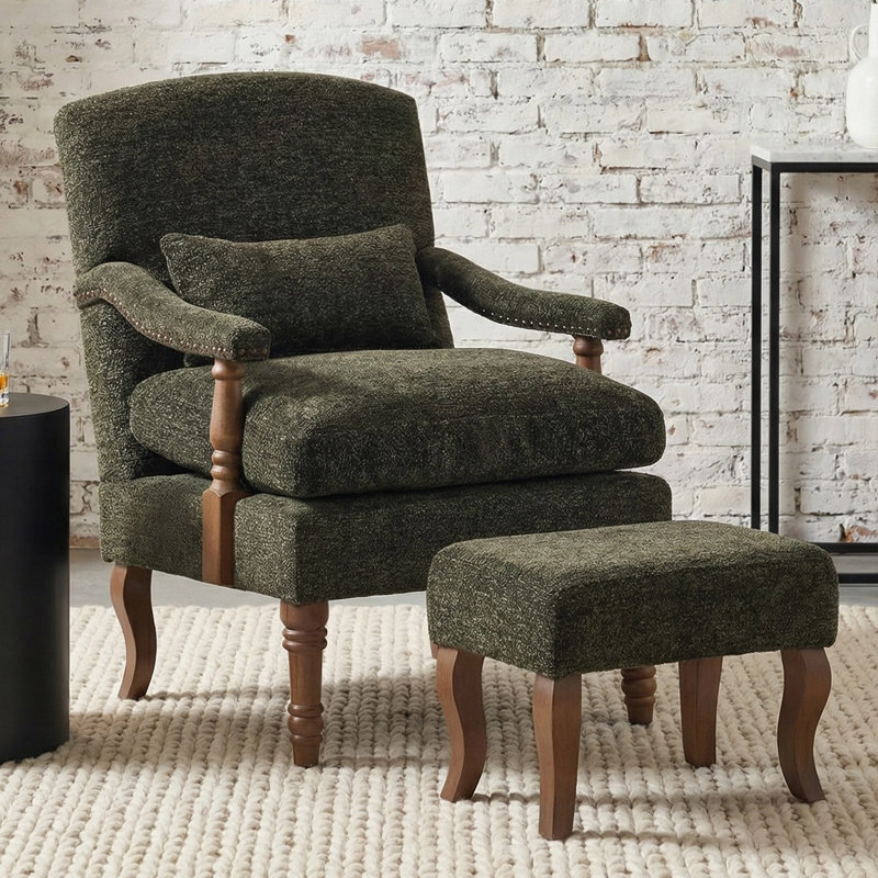 Modern Upholstered Accent Chair with Ottoman and Wood Turned Legs, Dark Green