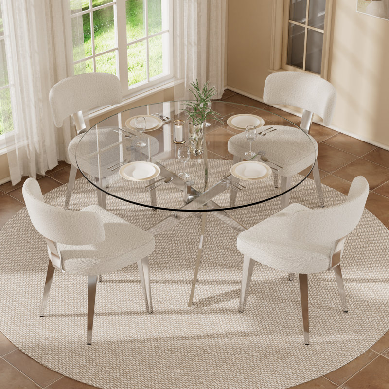  Ensemble de salle à manger rond à piédestal en verre, Blanc, H 29,5 po x L 47,2 po x l 47,2 po, 5
