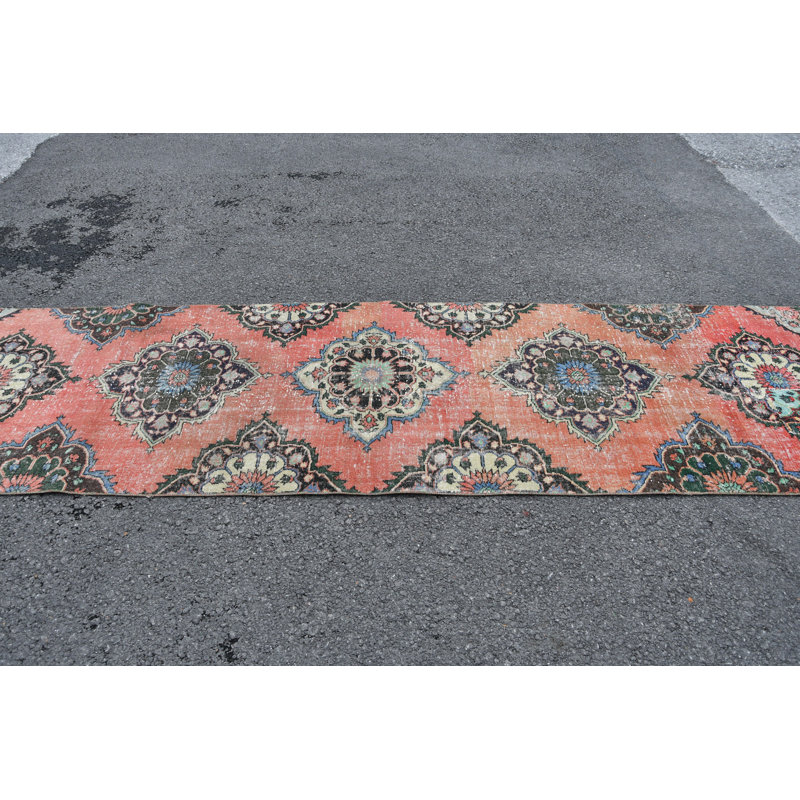 Tapis de couloir Oushak fabriqué à la main de style oriental biologique bleu / orange pour couloirs et cuisines