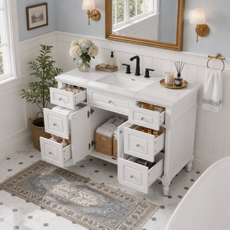 Meuble-lavabo vintage sur pied avec six tiroirs, deux portes et charnières à fermeture en douceur pour le rangement, White