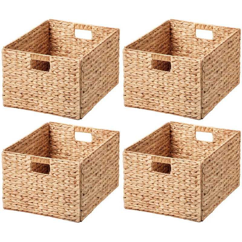Rectangular Natural Water Hyacinth Hand Woven Rattan Wicker Storage Basket Set with Iron Wire Frame, 4