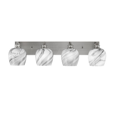 Edge 4 Light Bath Bar Shown In Brushed Nickel Finish With 6" Onyx Swirl Glass