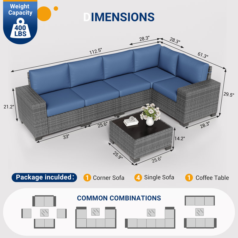 5 - Person Outdoor Rattan Sectional Seating Group With Cushions, Gray, Navy