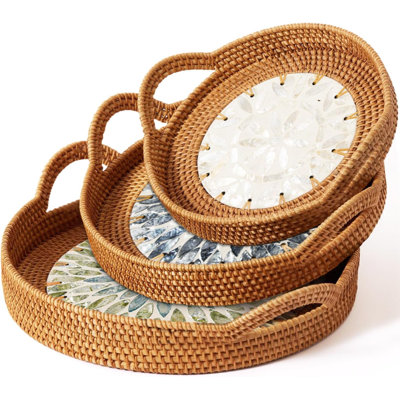 3 plateaux ronds en rotin tissés à la main avec incrustation de coquillages naturels, plateaux de service décoratifs en osier Boho avec poignées pour la décoration intérieure, table basse, repose-pieds, thé, fête de patio