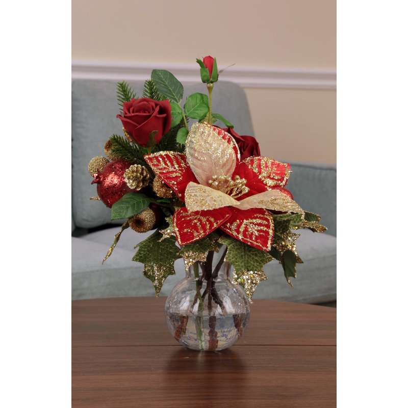 Vase of Poinsettia and Floral, Red - 17 Inches