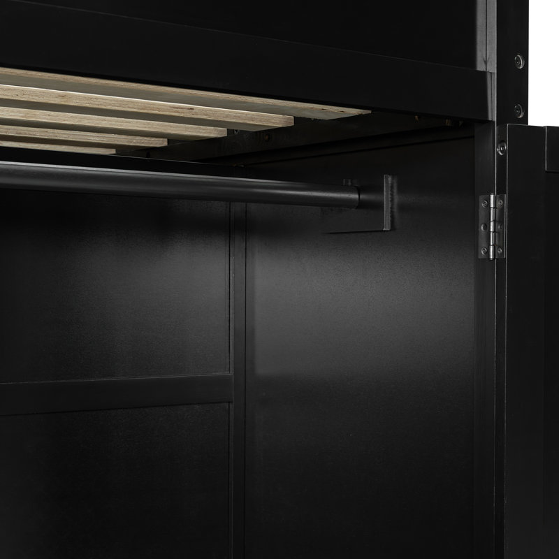 Lit mezzanine en bois avec bureau et rangement, Rouge / Noir