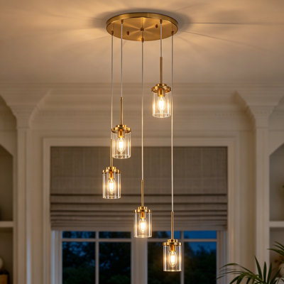 Modern Industrial 5-Light Cluster Pendant Light, Black Metal Clear Glass Cylinder Hanging Ceiling Light For Kitchen Island Dining Room Entryway