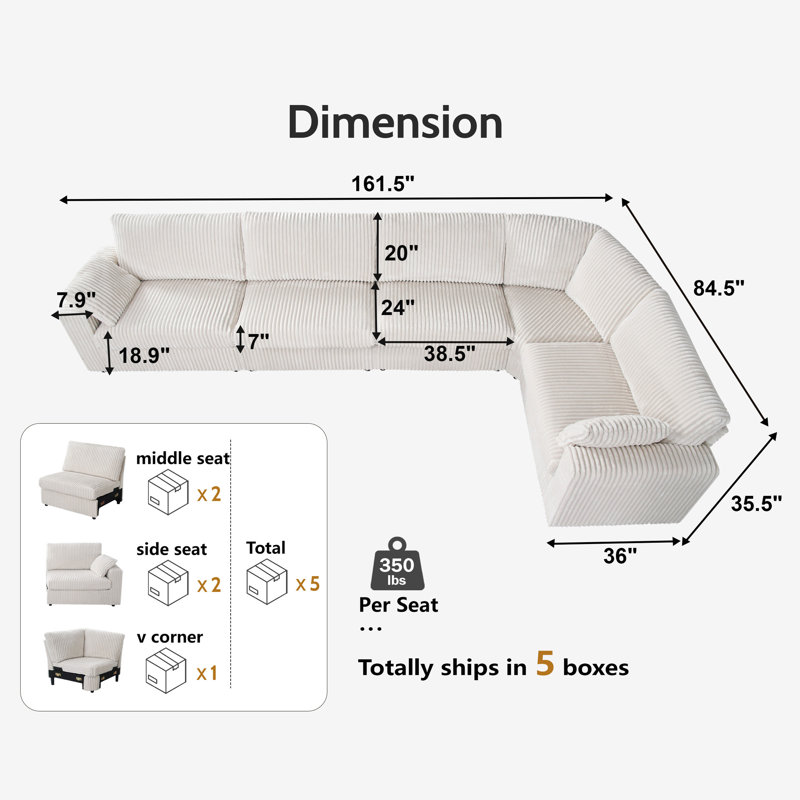 5 Seat Modular Sectional Sofa, Corduroy Couch, Oversized Seat Cushion, Modular Design For Flexible Combinations, No-Tool Assembly, Includes 2 Throw Pillows