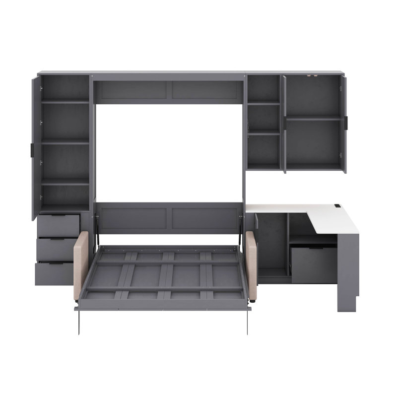 Grand lit escamotable avec élévateur hydraulique, lit mural pliable avec canapé, tablettes de rangement, charge USB et éclairage DEL