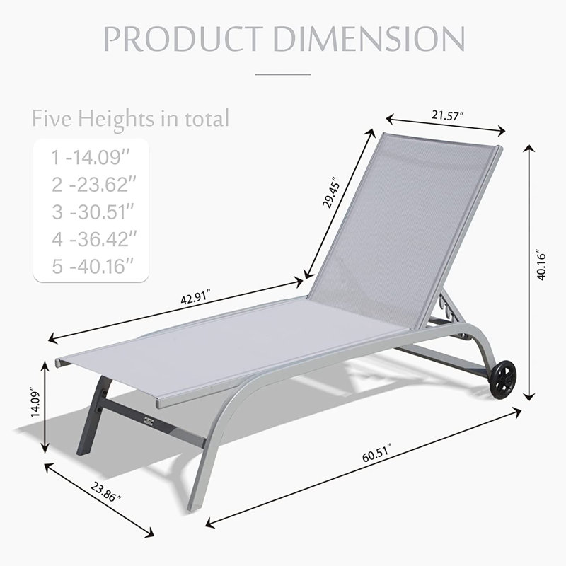 2 chaises longues grises. 5 options réglables, aluminium protégé, matériau, roues pour la mobilité, chaises longues de plage à assemblage facile - sièges très larges,, position