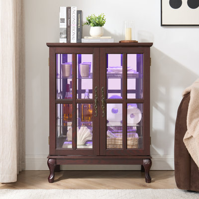 Armoire de rangement en verre avec bande lumineuse RVB en couleur et 2 tablettes réglables - Buffet à porte grillagée avec loquet magnétique pour salle à manger, salon, chambre à coucher