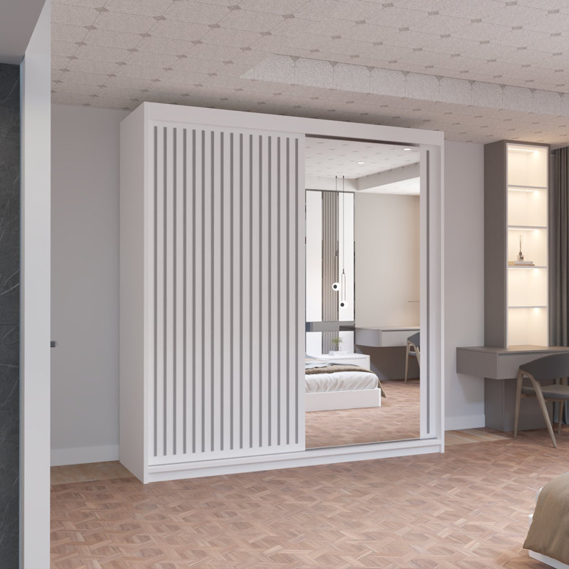 Moscow Sliding Wardrobe with Mirror Modern Bedroom Wardrobe 4 Colours 3 Sizes, 217cm H x 150cm W x 62cm D, White