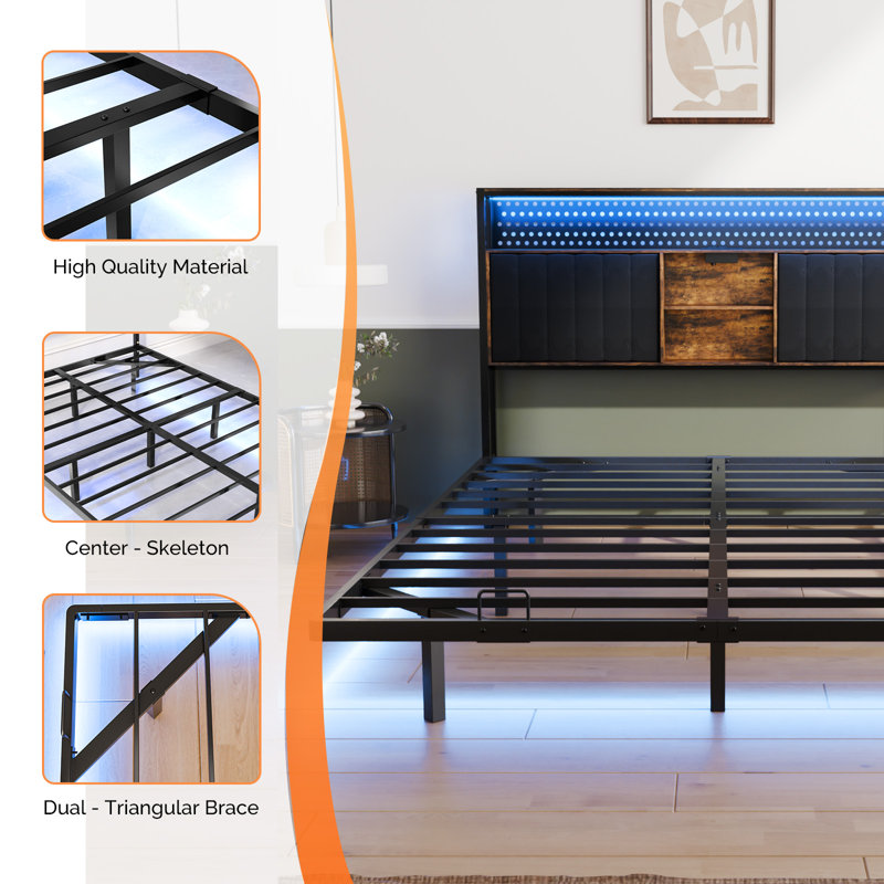 Queen Floating Bed Frame With Charging Station, LED Bed Frame With Storage Headboard, Queen