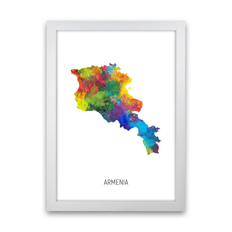 Armenia Watercolour Map by Michael Tompsett - Print, 63cm H x 46cm W x 3cm D, White Framed