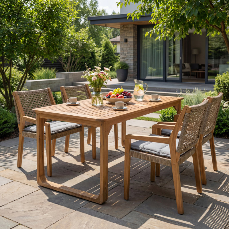 Decia Outdoor 5-Piece Acacia Wood Dining Set With Rope Back Chairs & Curved Leg Table