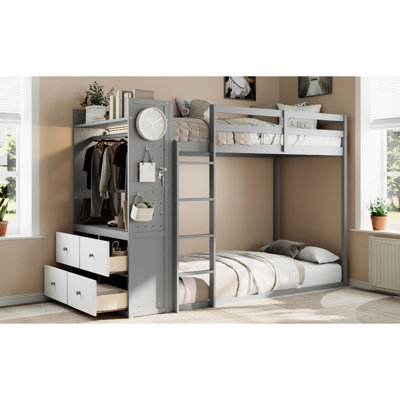 Lit superposé simple gris avec rail de suspension, 4 tiroirs profonds, bande, tablettes intégrées et double pour la chambre à coucher