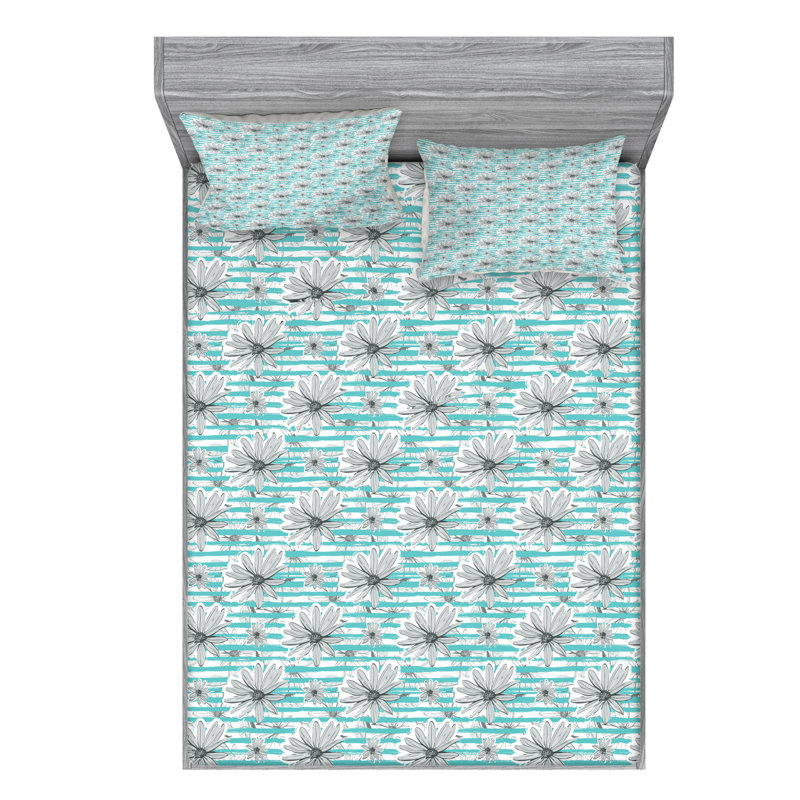 Microfiber Floral Sheet Set, Queen Sheet Set + Fitted Sheet + 2 Pillowcases, Blue/Gray Floral