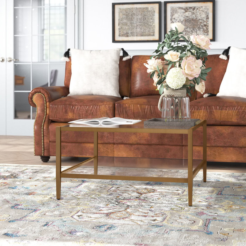 Hera Glass Top Coffee Table, Antique Brass, 17" H x 24" W x 54" L