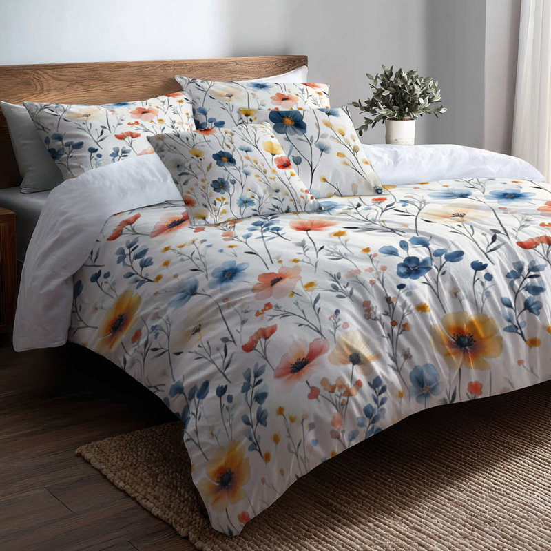 Ensemble de literie à motif floral de 5 - Ensemble de housse de couette et coussin décoratif Boho