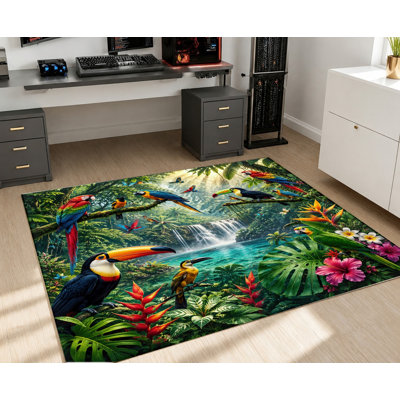 Tapis en velours antidérapant, motif réaliste jungle tropicale avec toucan, perroquet et cascade, lavable à la machine, tapis décoratif, idéal pour le salon, la chambre, l'entrée, la cuisine, le balcon ou un appartement.